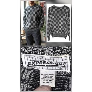Vintage Expressions Sweater Men Size L Grandpa Wool Checked Patchwork‎ Oversized